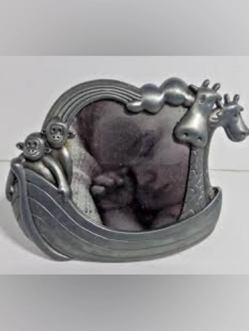 Vintage Noah’s Ark Pewter Tone Baby Picture Frame | Nursery Décor | Animals | 4”